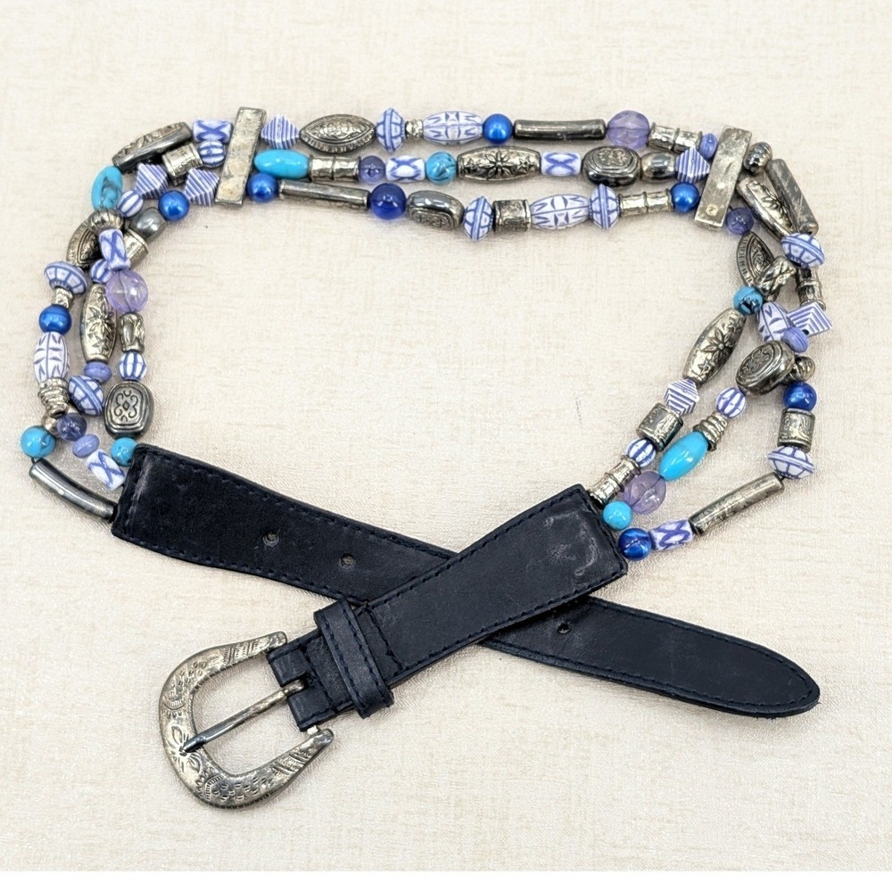 VTG The Limited Leather Belt Multi Strand Beads Medium Blue Boho Southwestern
